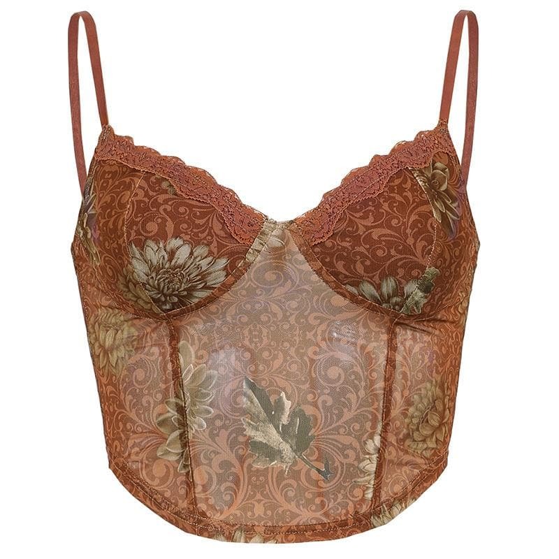Sheer Mesh Hem Lace Print V-Neck Crop Top - Y2K Aesthetic Cute Top for Coquette Style