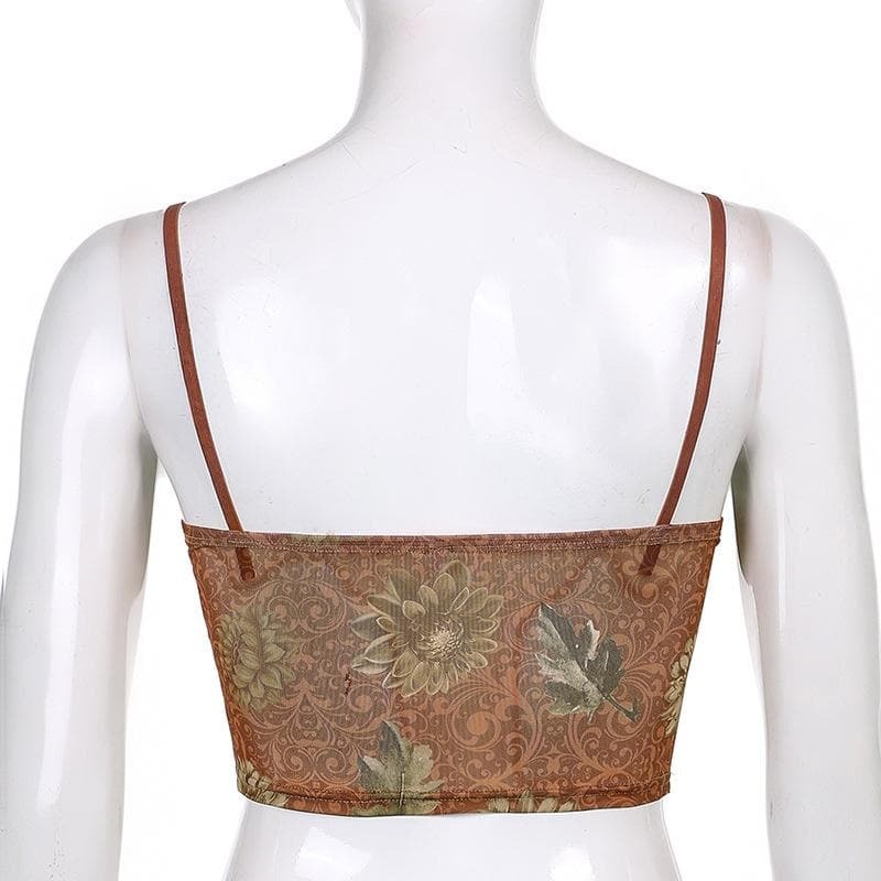 Sheer Mesh Hem Lace Print V-Neck Crop Top - Y2K Aesthetic Cute Top for Coquette Style