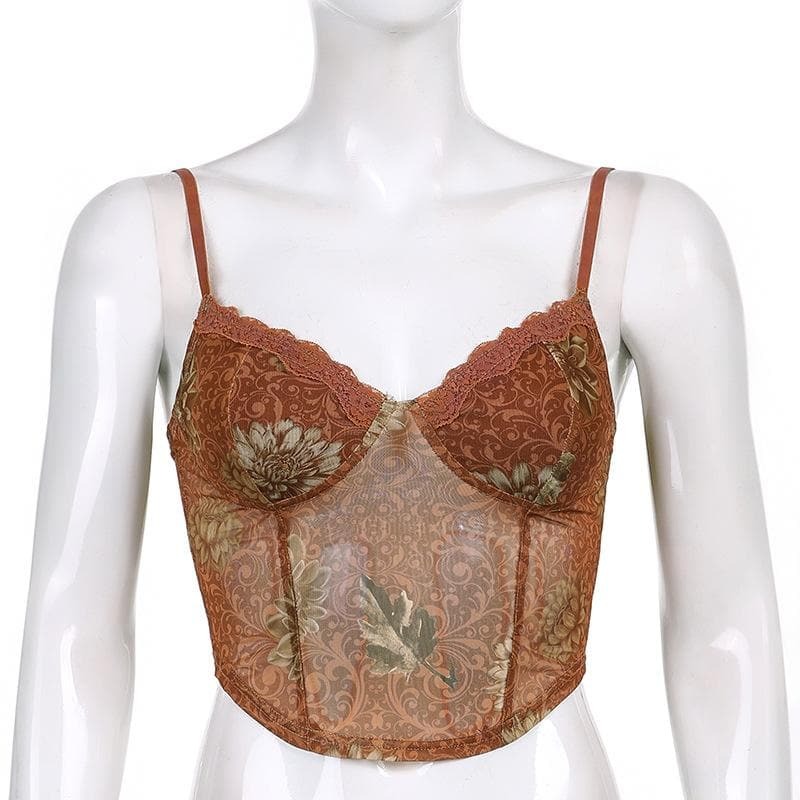 Sheer Mesh Hem Lace Print V-Neck Crop Top - Y2K Aesthetic Cute Top for Coquette Style