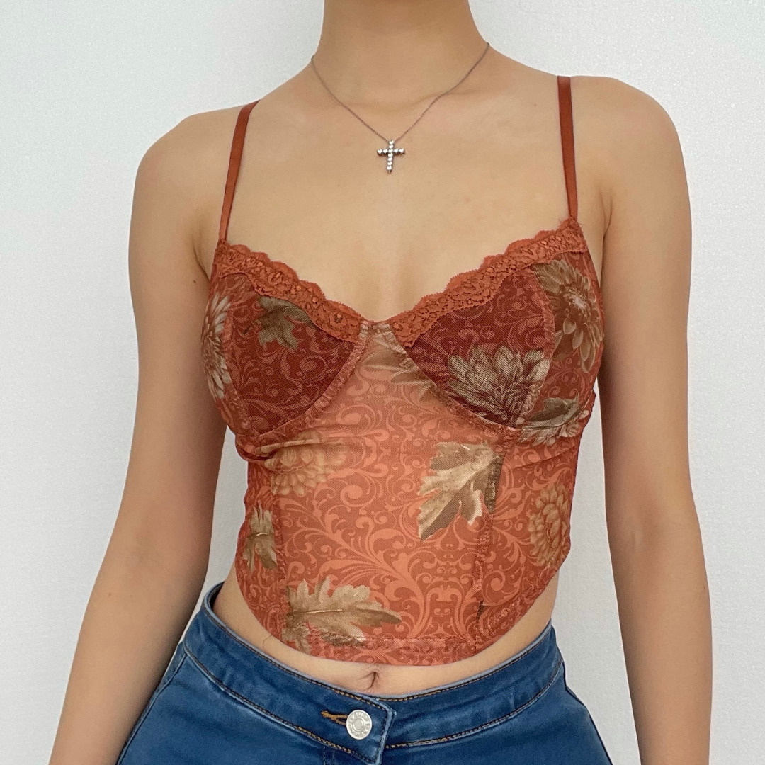 Sheer Mesh Hem Lace Print V-Neck Crop Top - Y2K Aesthetic Cute Top for Coquette Style