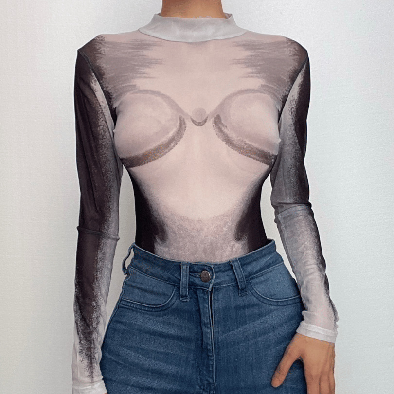 Sheer Mesh High Neck Long Sleeve Bodysuit - Y2K Aesthetic, Grunge Style, Cute Tops