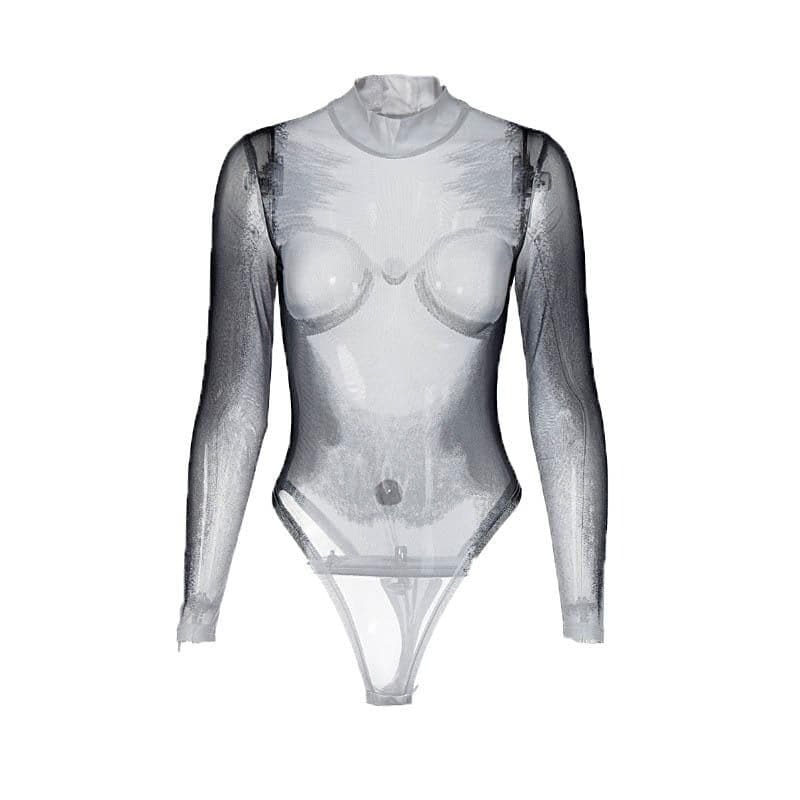 Sheer Mesh High Neck Long Sleeve Bodysuit - Y2K Aesthetic, Grunge Style, Cute Tops
