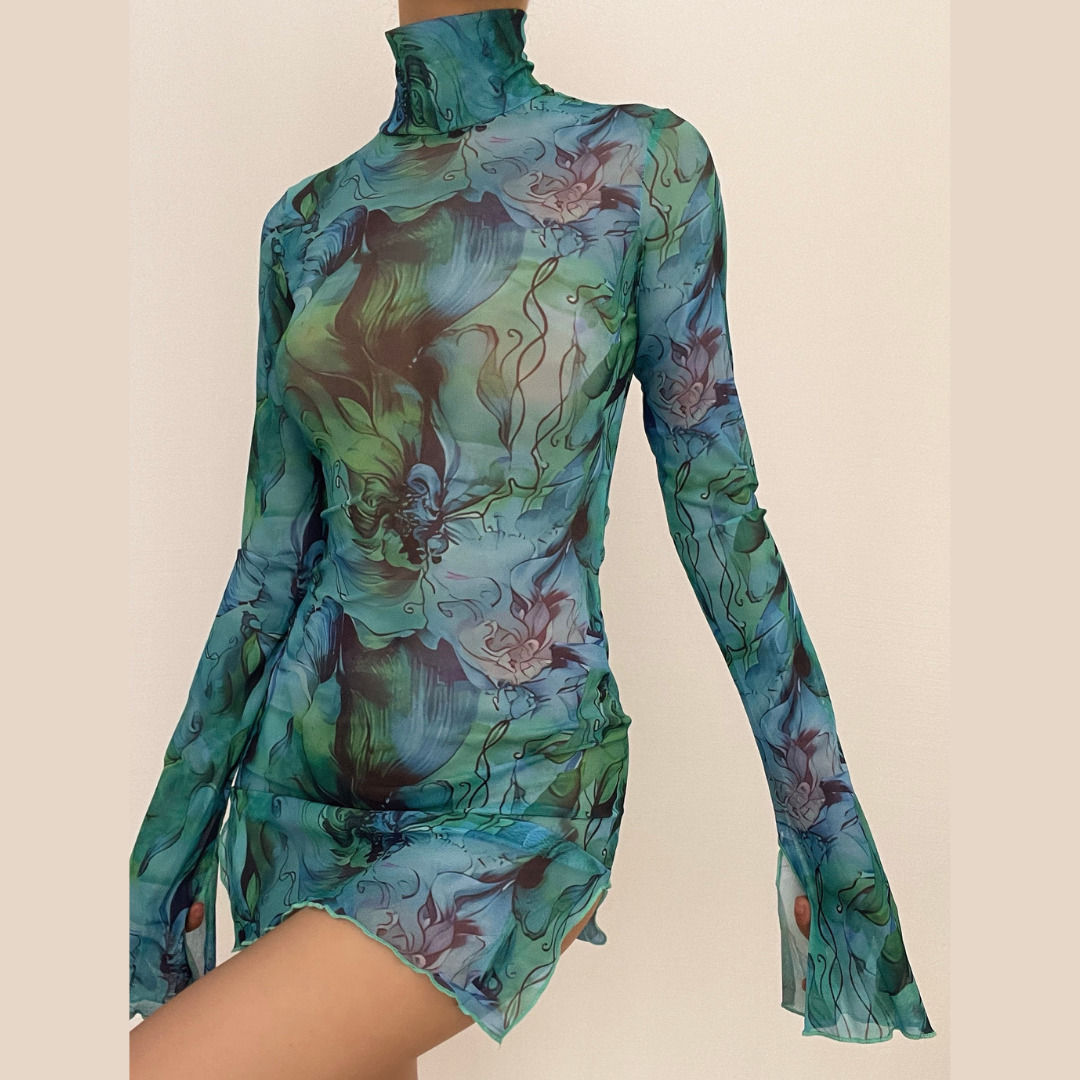 Sheer Mesh High Neck Slit Mini Dress - Y2K Aesthetic, Coquette Style, and Grunge Vibes