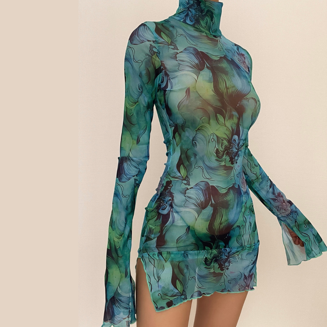 Sheer Mesh High Neck Slit Mini Dress - Y2K Aesthetic, Coquette Style, and Grunge Vibes