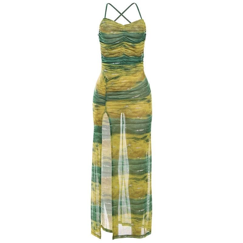 Sheer Mesh High Slit Ruched Knotted Cami Maxi Dress - Y2K Aesthetic & Coquette Style