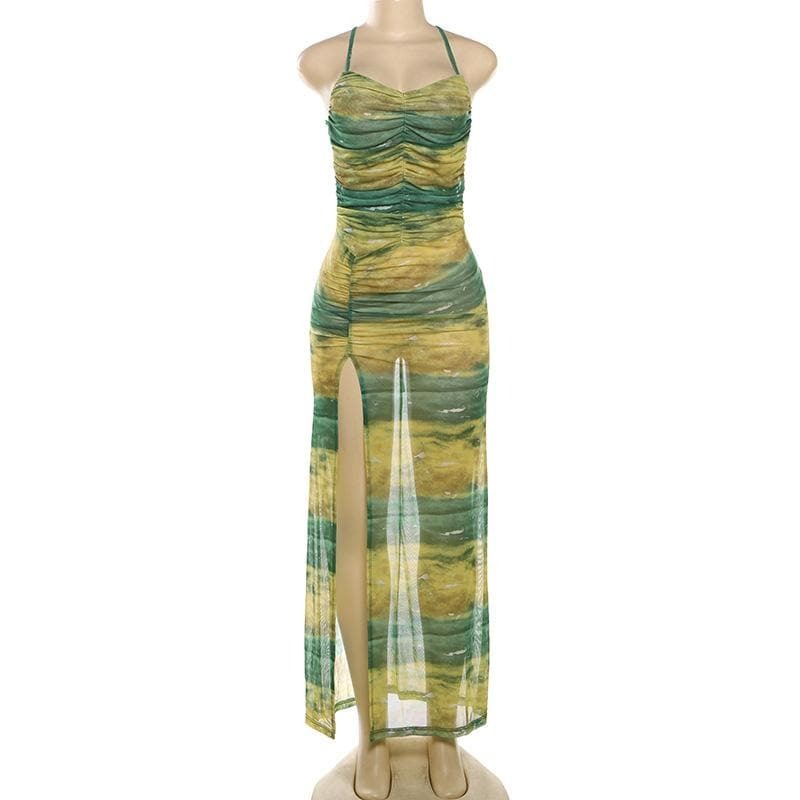 Sheer Mesh High Slit Ruched Knotted Cami Maxi Dress - Y2K Aesthetic & Coquette Style