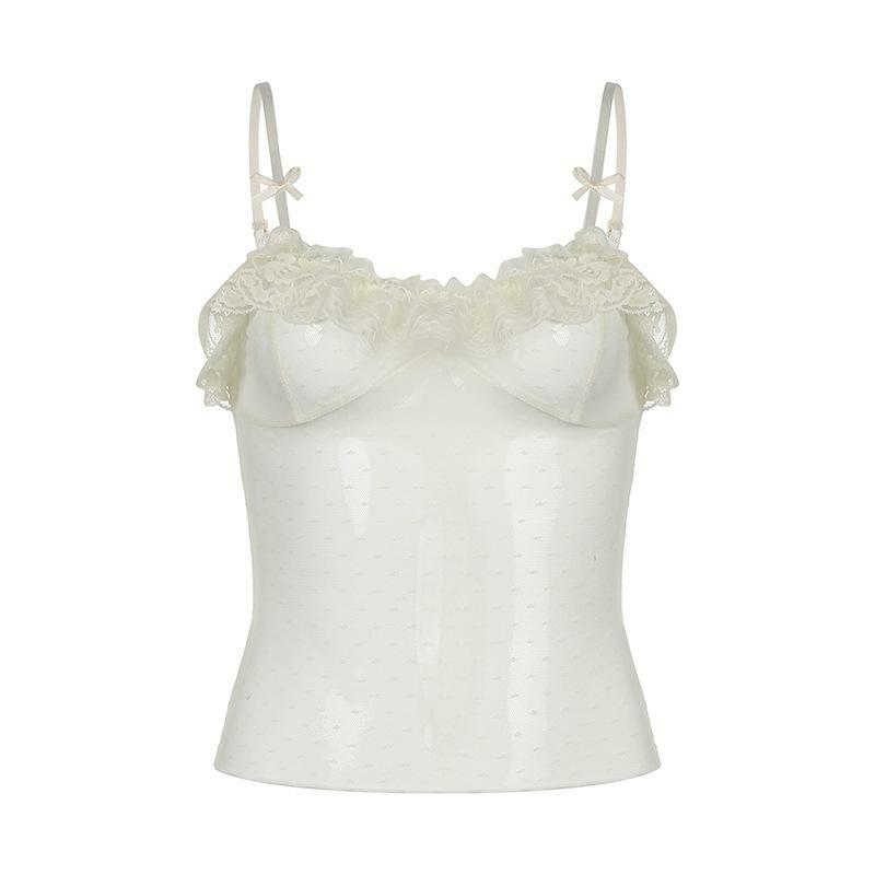 Sheer Mesh Lace Ruffle Bowknot Cami Top - Y2K Coquette Aesthetic Cute Layering Piece
