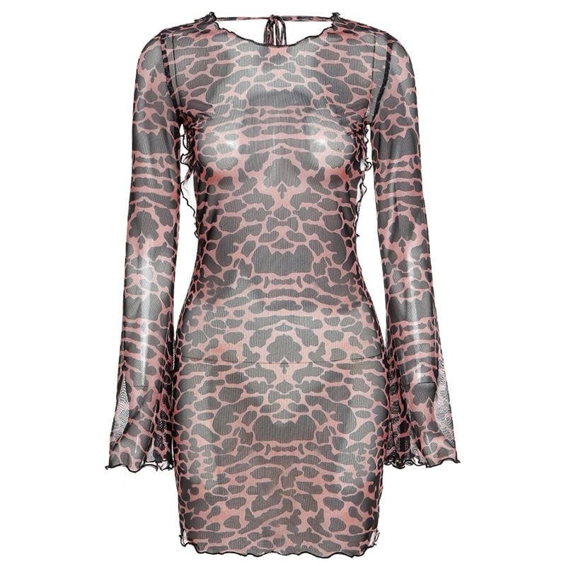Sheer Mesh Leopard Print Backless Mini Dress - Y2K Aesthetic, Coquette Style, Cute Outfit