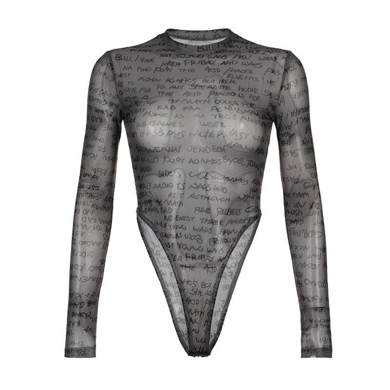 Sheer Mesh Long Sleeve Crewneck Bodysuit with Letter Print - Y2K & Grunge Aesthetic