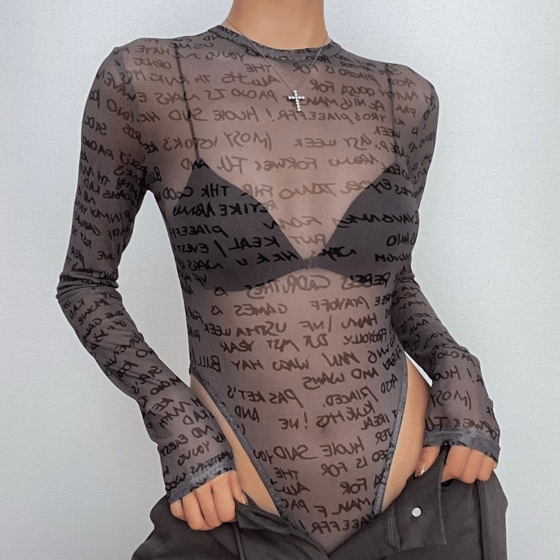 Sheer Mesh Long Sleeve Crewneck Bodysuit with Letter Print - Y2K & Grunge Aesthetic