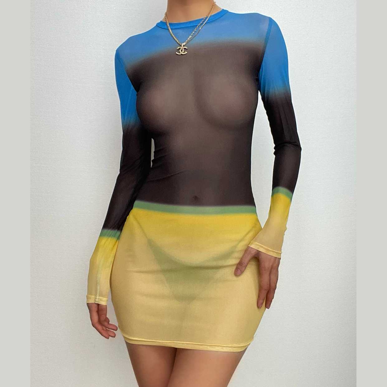 Sheer Mesh Long Sleeve Crewneck Mini Dress - Y2K Aesthetic, Grunge Style, Cute & Comfy