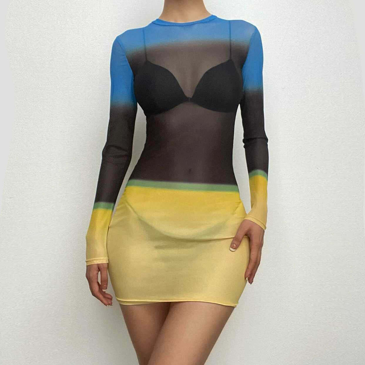 Sheer Mesh Long Sleeve Crewneck Mini Dress - Y2K Aesthetic, Grunge Style, Cute & Comfy