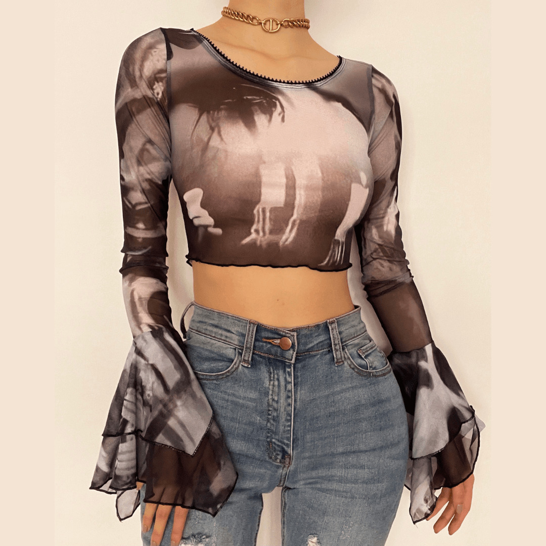 Sheer Mesh Long Sleeve Crop Top - Y2K Aesthetic, Coquette Style, Cute & Comfy Fashion