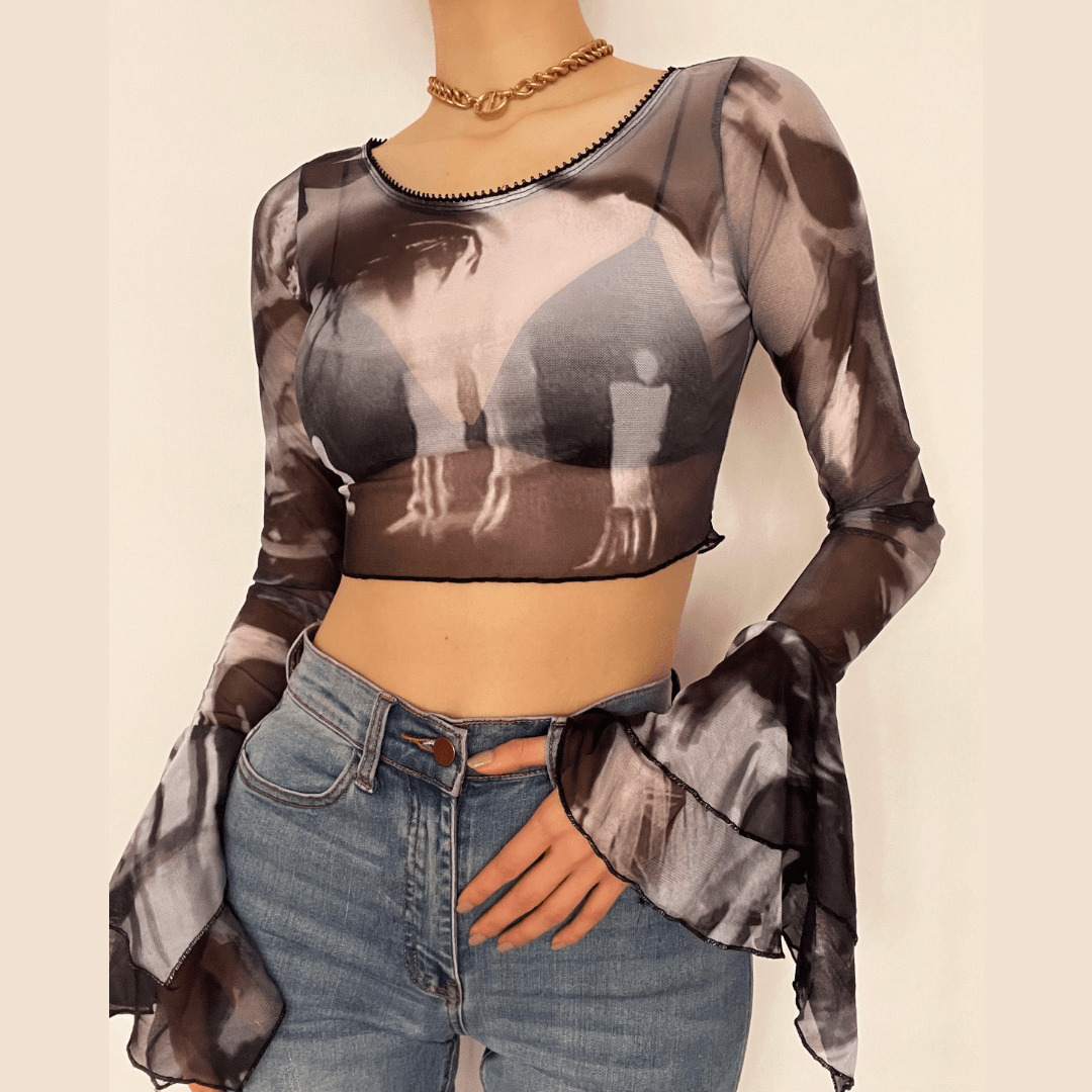 Sheer Mesh Long Sleeve Crop Top - Y2K Aesthetic, Coquette Style, Cute & Comfy Fashion