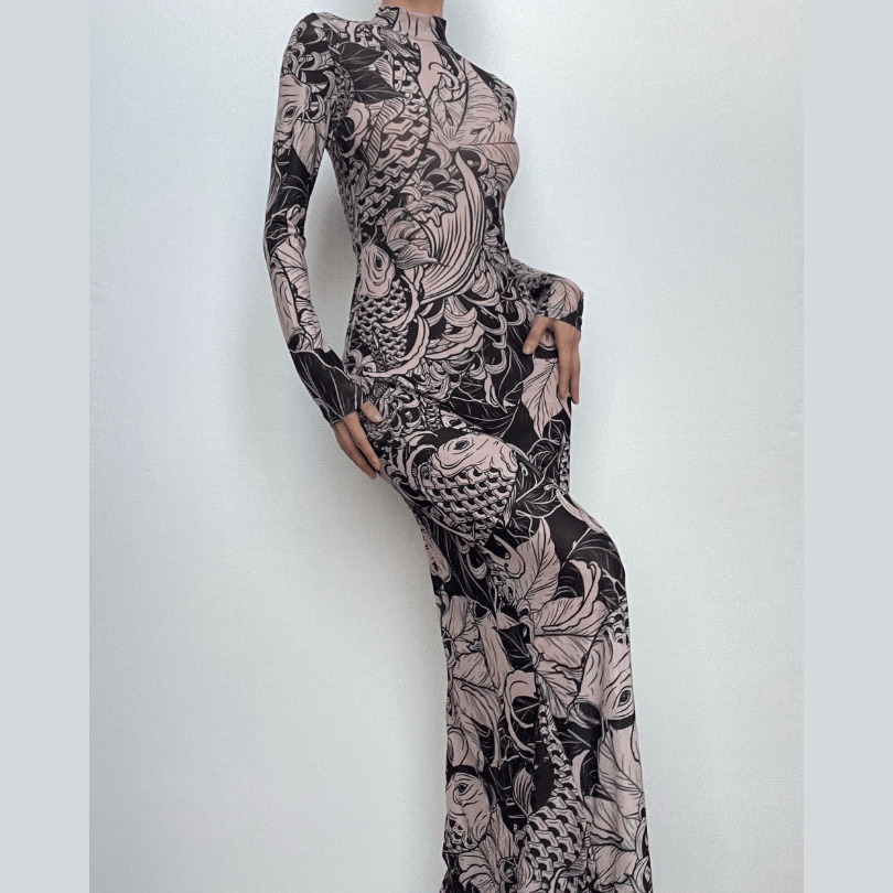 Sheer Mesh Long Sleeve High Neck Maxi Dress - Y2K Aesthetic, Coquette Style, Grunge Fashion