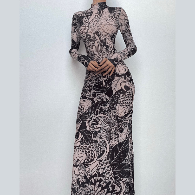 Sheer Mesh Long Sleeve High Neck Maxi Dress - Y2K Aesthetic, Coquette Style, Grunge Fashion