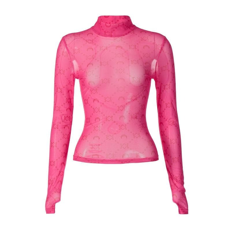 Sheer Mesh Long Sleeve High Neck Top with Print - Y2K Aesthetic & Coquette Style