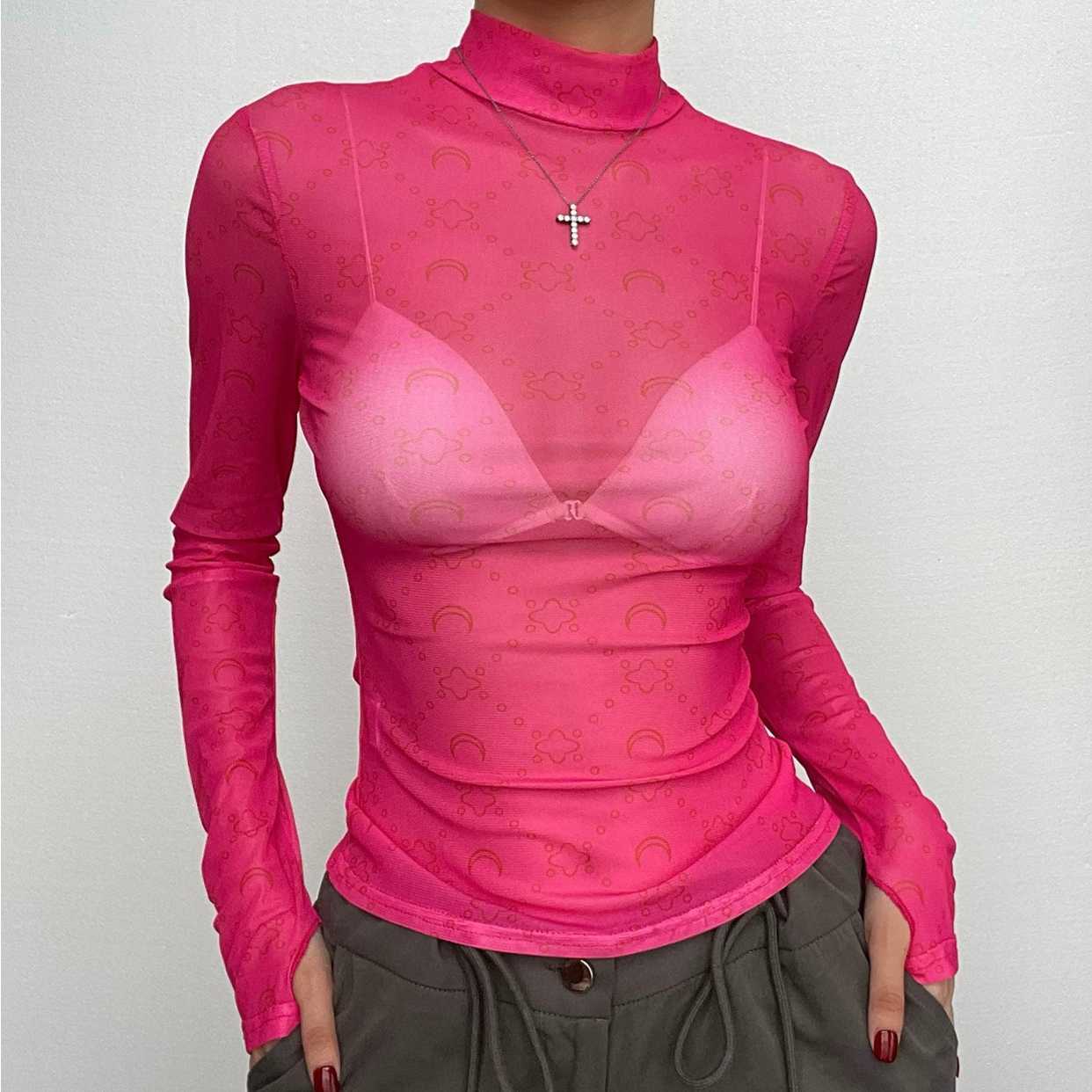 Sheer Mesh Long Sleeve High Neck Top with Print - Y2K Aesthetic & Coquette Style