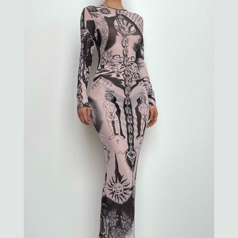 Sheer Mesh Long Sleeve Maxi Dress - Y2K Aesthetic, Coquette Style, and Grunge Vibes