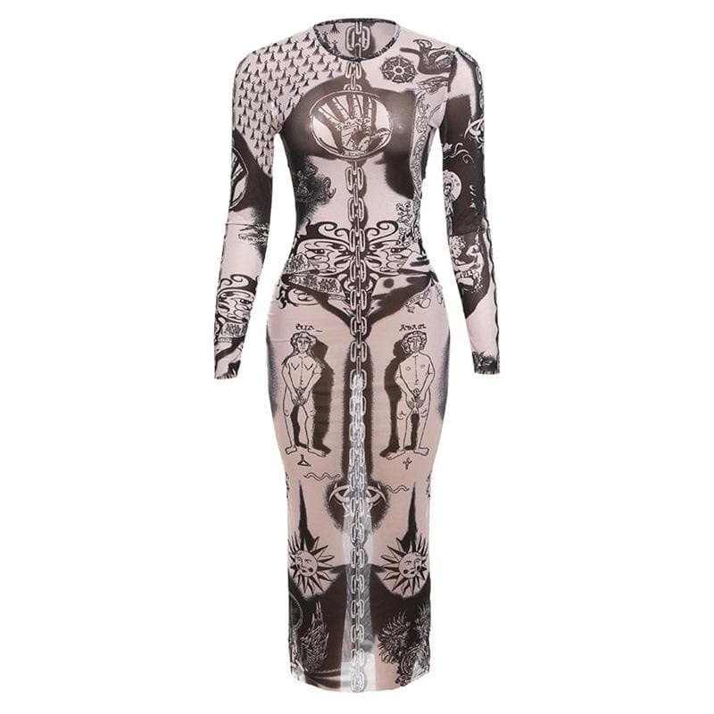Sheer Mesh Long Sleeve Maxi Dress - Y2K Aesthetic, Coquette Style, and Grunge Vibes