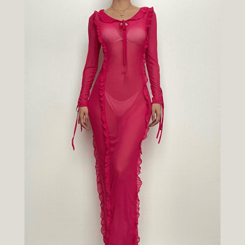 Sheer Mesh Long Sleeve Maxi Dress with Ruffle Turtle Neck - Y2K Coquette Aesthetic