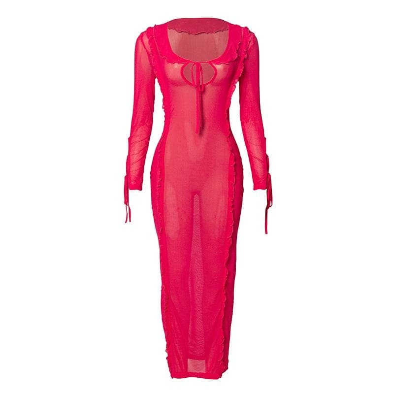 Sheer Mesh Long Sleeve Maxi Dress with Ruffle Turtle Neck - Y2K Coquette Aesthetic