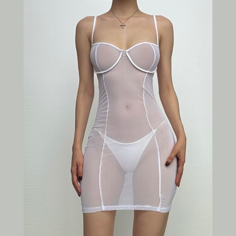 Sheer Mesh Low Cut Cami Mini Dress - Y2K Aesthetic, Coquette Style, Cute & Comfy