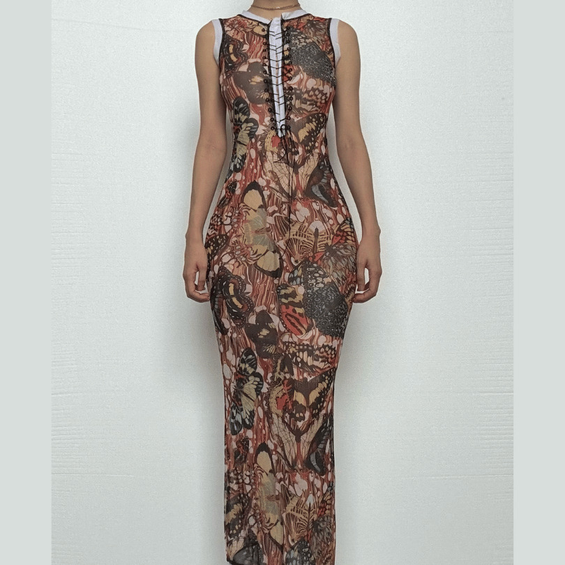 Sheer Mesh Maxi Dress with Lace-Up Detail - Y2K Aesthetic & Coquette Style
