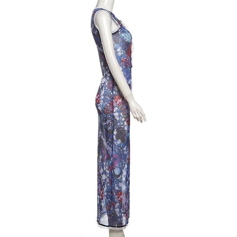 Sheer Mesh Maxi Dress with Lace-Up Detail - Y2K Aesthetic & Coquette Style