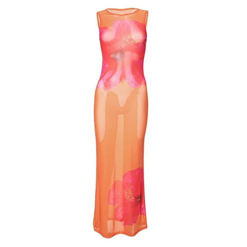 Sheer Mesh Maxi Dress with Sleeveless Crewneck & Floral Print - Y2K Coquette Aesthetic