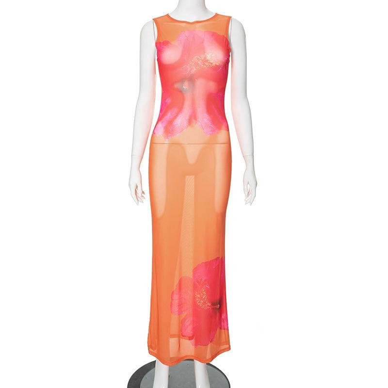 Sheer Mesh Maxi Dress with Sleeveless Crewneck & Floral Print - Y2K Coquette Aesthetic