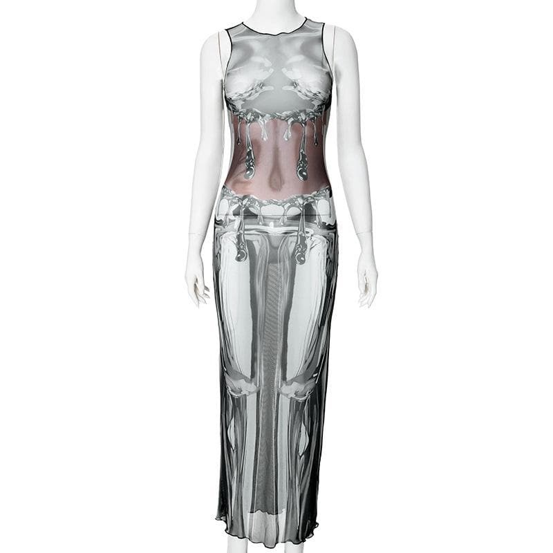 Sheer Mesh Maxi Dress with Sleeveless Crewneck - Y2K Aesthetic & Coquette Style