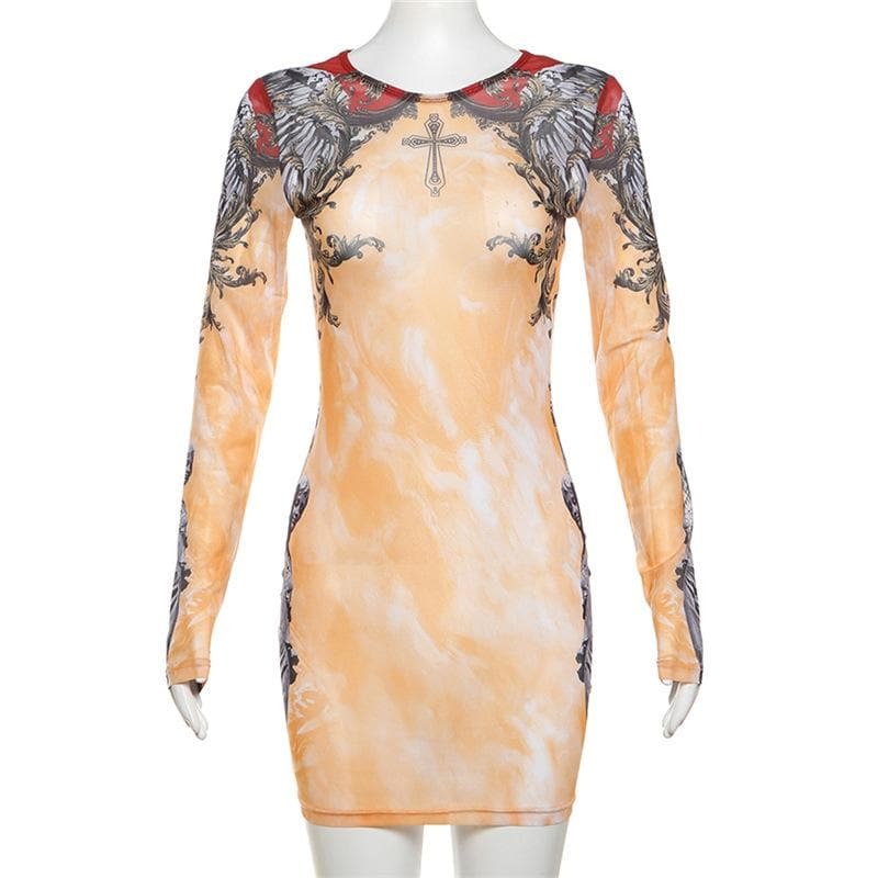 Sheer Mesh Mini Dress with Long Sleeve Crewneck - Y2K Aesthetic & Coquette Style