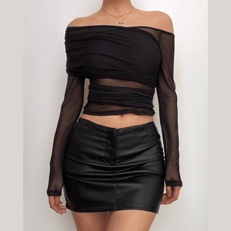 Sheer Mesh Off-Shoulder Backless Top - Y2K Aesthetic, Grunge Style, Cute Layering Piece