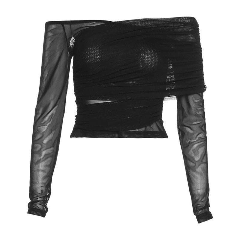 Sheer Mesh Off-Shoulder Backless Top - Y2K Aesthetic, Grunge Style, Cute Layering Piece