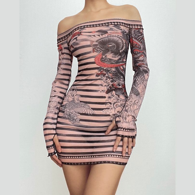 Sheer Mesh Off-Shoulder Mini Dress - Y2K Aesthetic, Grunge Style, and Coquette Vibes