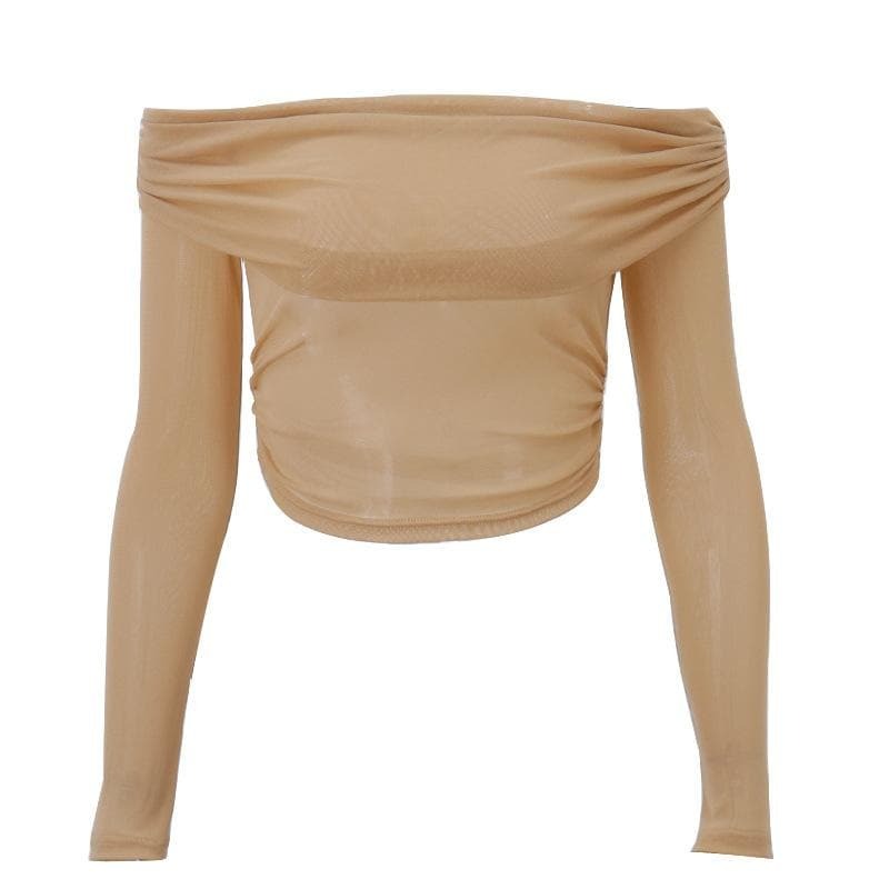 Sheer Mesh Off-Shoulder Ruched Long Sleeve Top - Y2K Aesthetic Cute Crop Top for Grunge Style