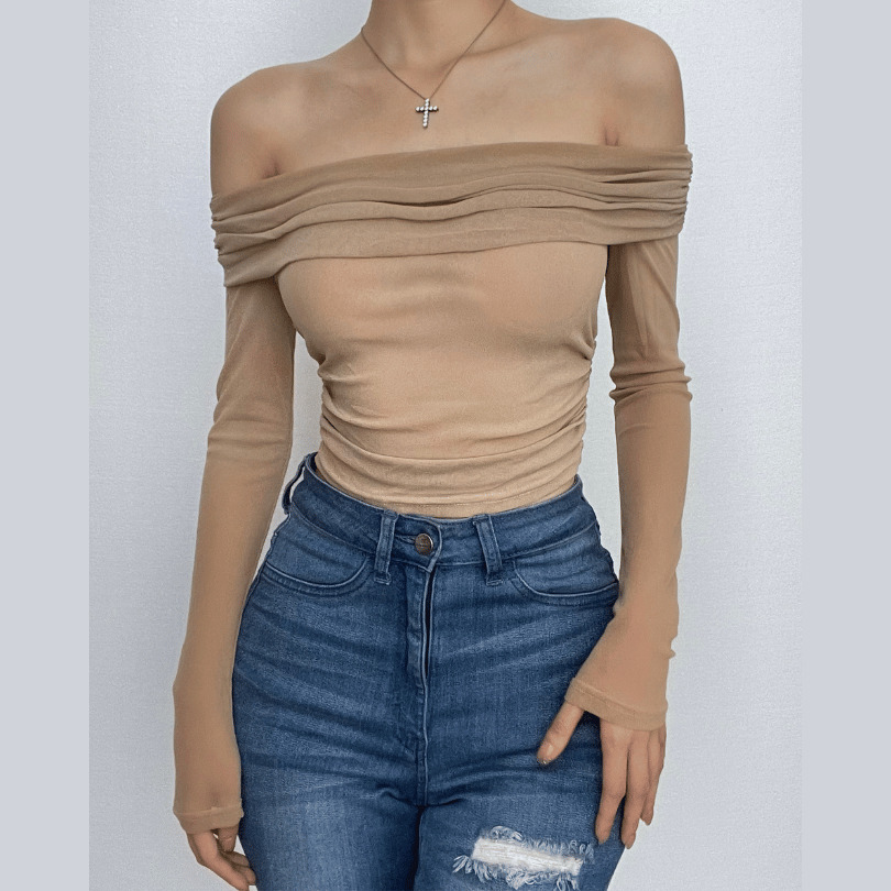 Sheer Mesh Off-Shoulder Ruched Long Sleeve Top - Y2K Aesthetic Cute Crop Top for Grunge Style