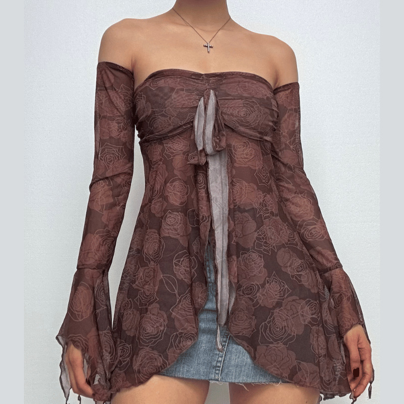 Sheer Mesh Off-Shoulder Top with Long Flared Sleeves - Y2K & Coquette Aesthetic