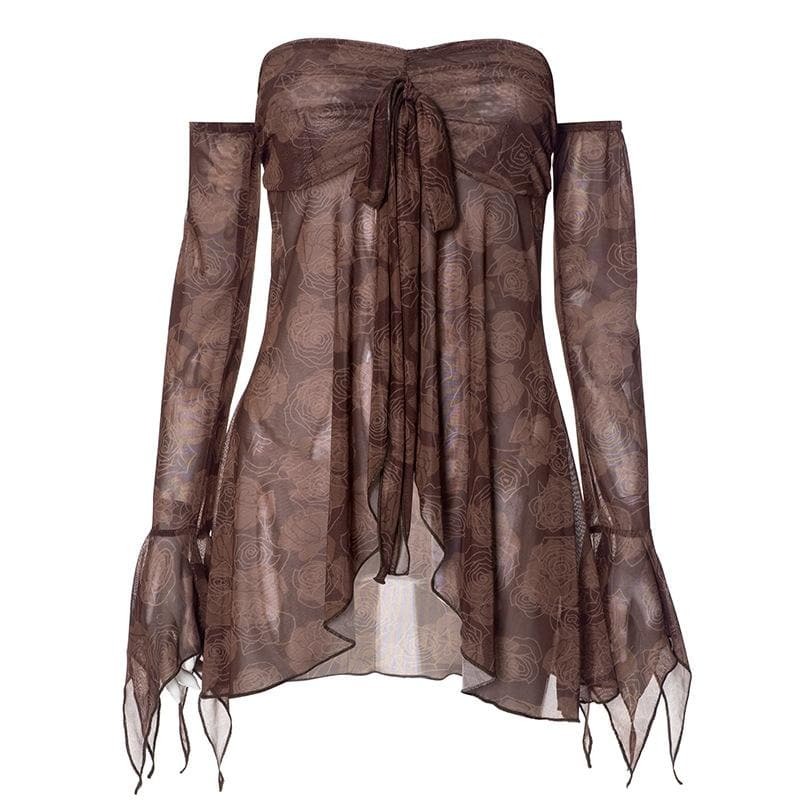 Sheer Mesh Off-Shoulder Top with Long Flared Sleeves - Y2K & Coquette Aesthetic