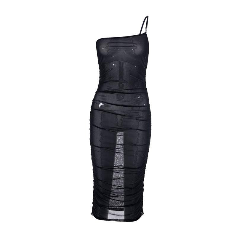 Sheer Mesh One-Shoulder Ruched Midi Dress - Y2K Aesthetic, Coquette Style, Grunge Vibes