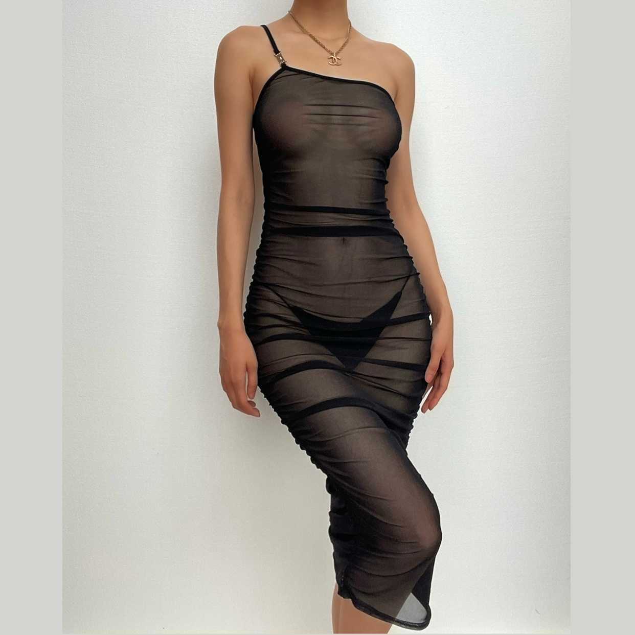 Sheer Mesh One-Shoulder Ruched Midi Dress - Y2K Aesthetic, Coquette Style, Grunge Vibes