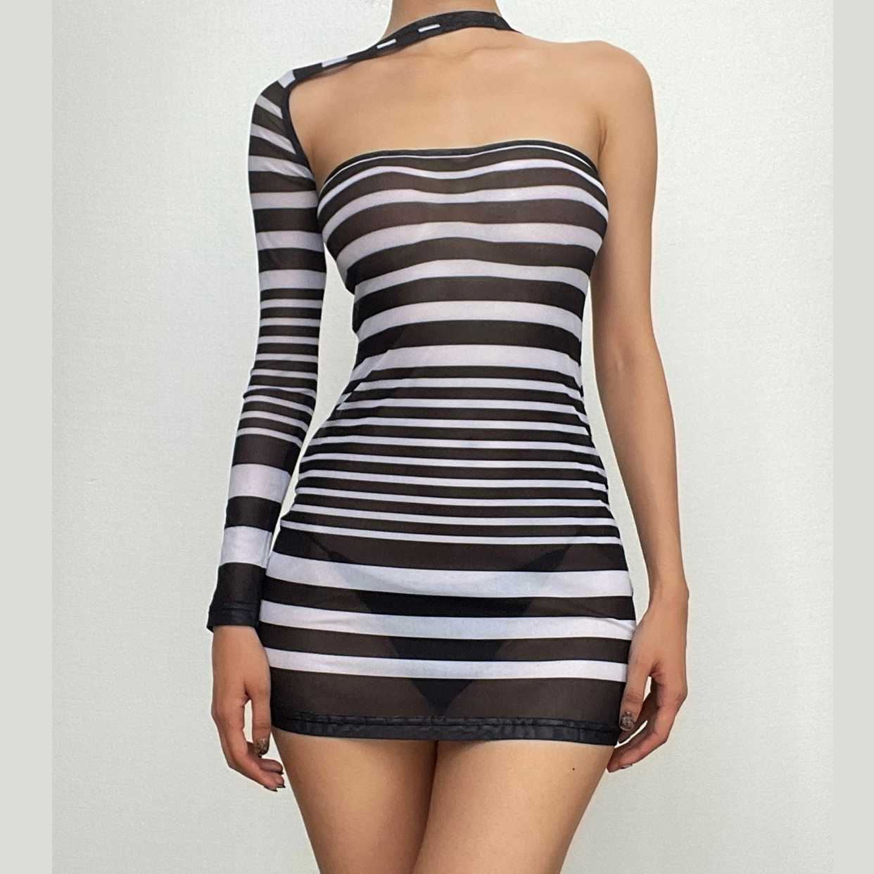 Sheer Mesh One-Shoulder Striped Mini Dress - Y2K Aesthetic, Grunge Style, Cute & Comfy