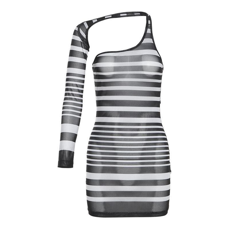 Sheer Mesh One-Shoulder Striped Mini Dress - Y2K Aesthetic, Grunge Style, Cute & Comfy