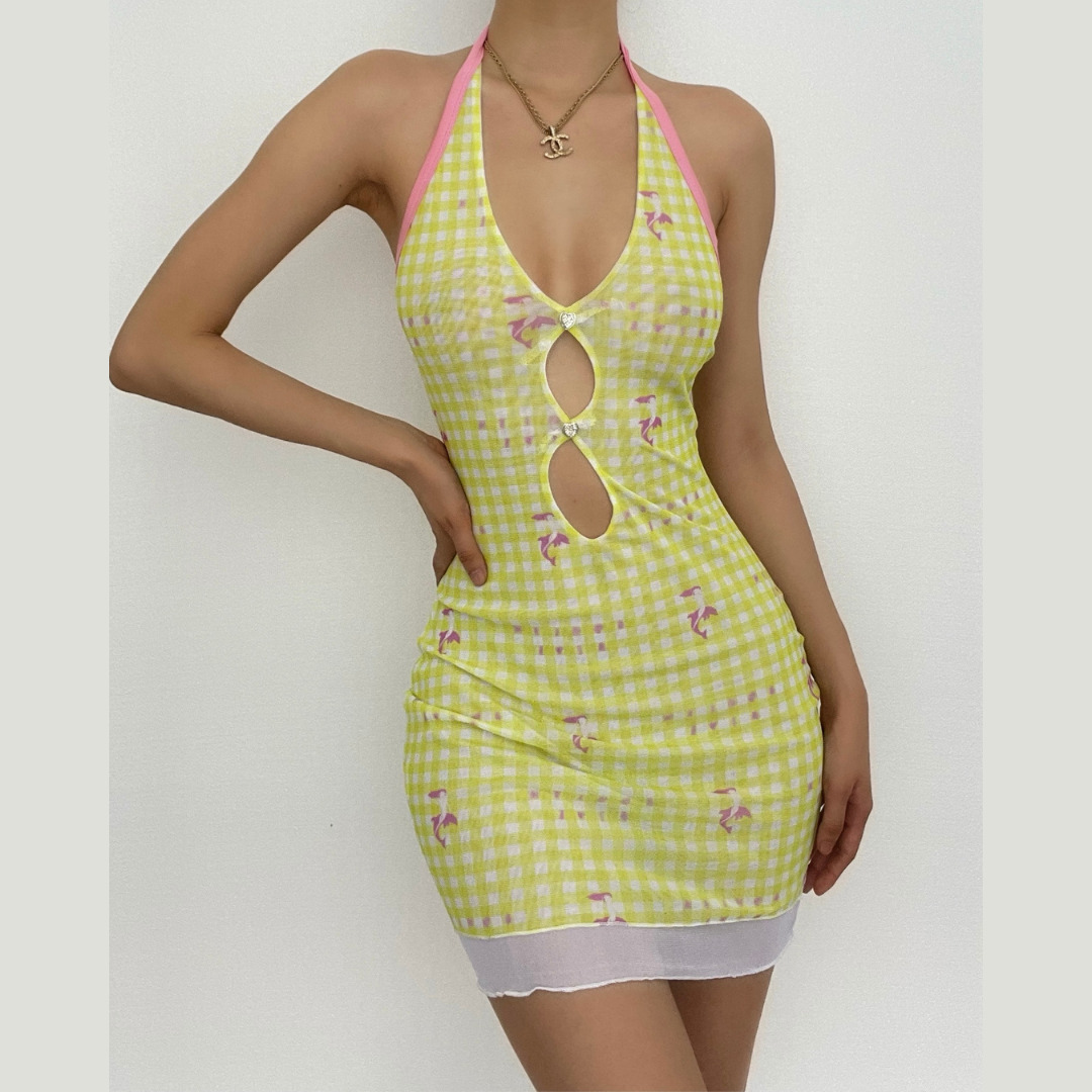Sheer Mesh Plaid Contrast Print Halter Ruffle Backless Mini Dress - Y2K Coquette Aesthetic