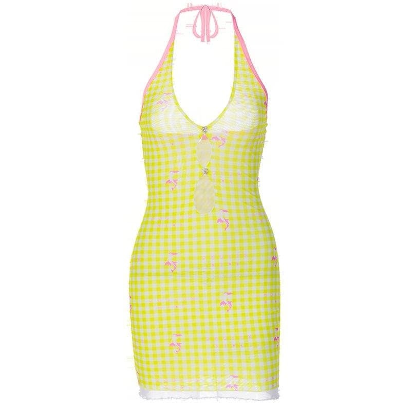 Sheer Mesh Plaid Contrast Print Halter Ruffle Backless Mini Dress - Y2K Coquette Aesthetic