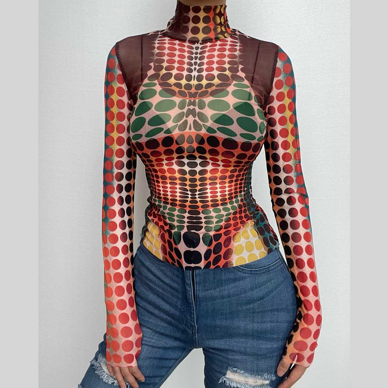 Sheer Mesh Polka Dot High Neck Long Sleeve Top - Y2K Aesthetic & Grunge Style Essential