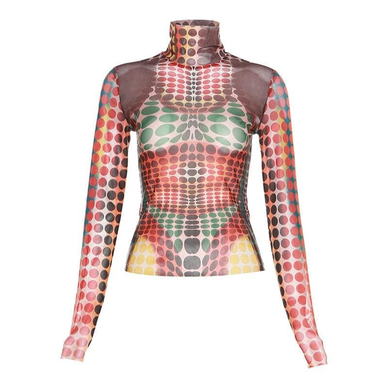 Sheer Mesh Polka Dot High Neck Long Sleeve Top - Y2K Aesthetic & Grunge Style Essential