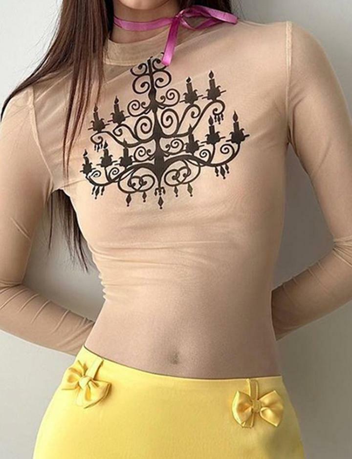 Sheer Mesh Print Paneled Long Sleeve Top - Y2K Aesthetic Cute Crop for Coquette & Grunge Styles