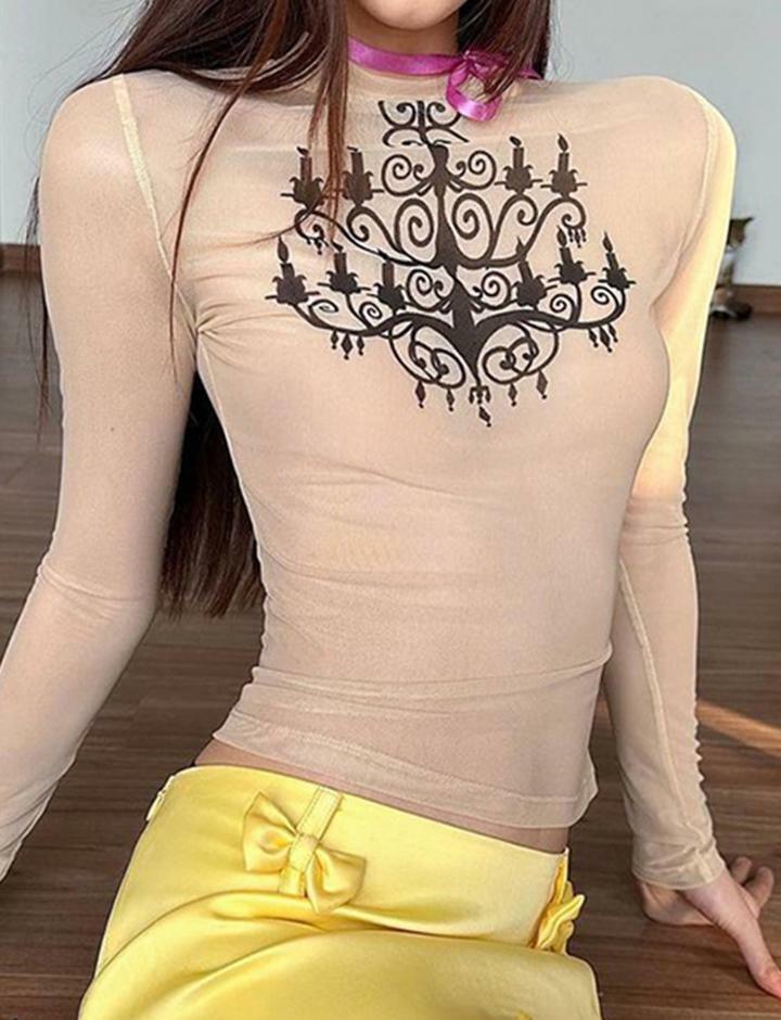 Sheer Mesh Print Paneled Long Sleeve Top - Y2K Aesthetic Cute Crop for Coquette & Grunge Styles